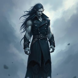 A tall, imposing figure with a lean but muscular build, skin pale with a faint bluish hue hinting at a connection to the sky and storms