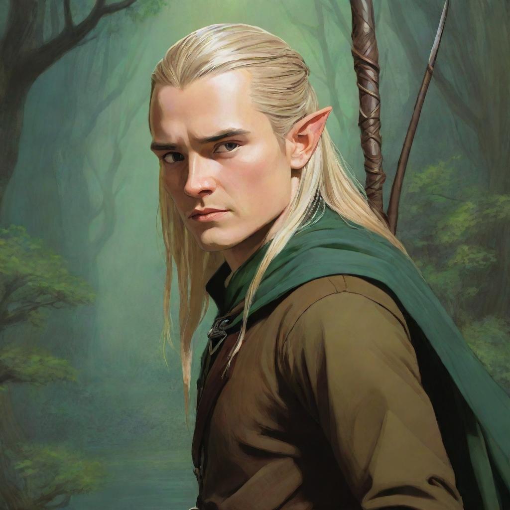 Illustration of Legolas from Lord of the Rings in the distinctive Studio Ghibli art style, filled with vivid and fantastical elements