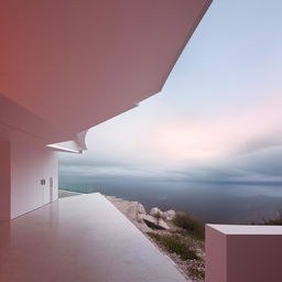 The interior of a second floor featuring an internal hallway leading to a futuristic front balcony, which opens opulently towards the vast sky.