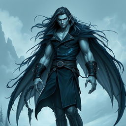 A tall, imposing figure with a lean but muscular build, skin pale with a faint bluish hue hinting at a connection to the sky and storms