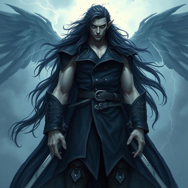 A tall, imposing figure with a lean but muscular build, skin pale with a faint bluish hue hinting at a connection to the sky and storms