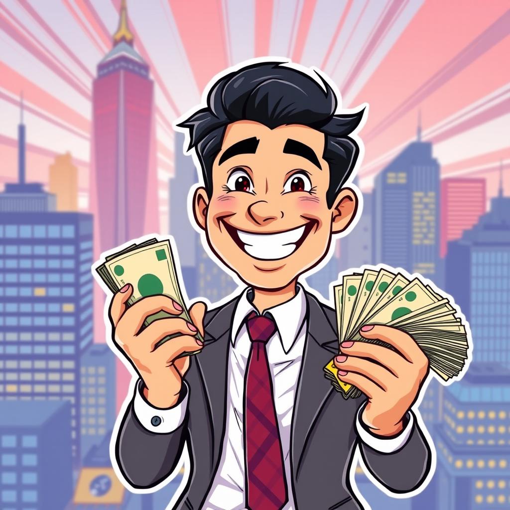 A comic-style illustration of a cheerful businessman with a bright smile, facing the viewer, confidently holding a large pack of money in one hand