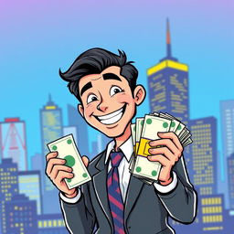 A comic-style illustration of a cheerful businessman with a bright smile, facing the viewer, confidently holding a large pack of money in one hand