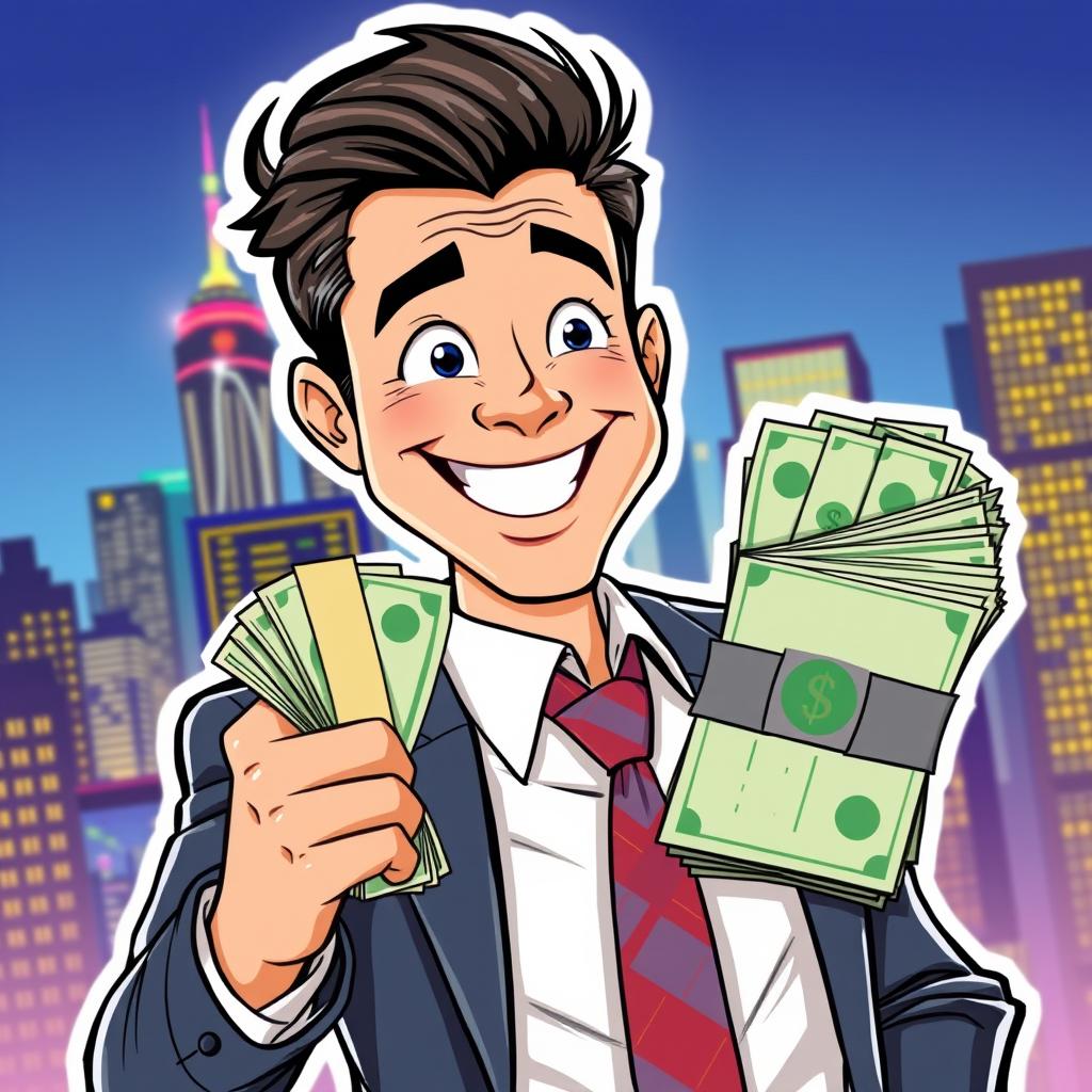 A comic-style illustration of a cheerful businessman with a bright smile, facing the viewer, confidently holding a large pack of money in one hand