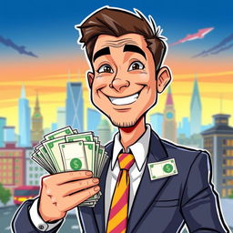 A comic-style illustration of a cheerful businessman with a bright smile, facing the viewer, confidently holding a large pack of money in one hand