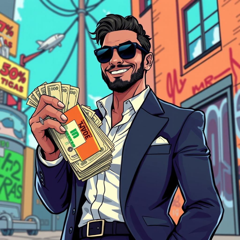 An illustration of a smiling businessman in a GTA (Grand Theft Auto) style, facing the viewer, confidently holding a large pack of money in one hand