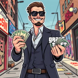 An illustration of a smiling businessman in a GTA (Grand Theft Auto) style, facing the viewer, confidently holding a large pack of money in one hand