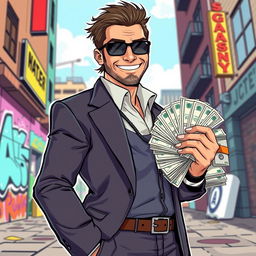 An illustration of a smiling businessman in a GTA (Grand Theft Auto) style, facing the viewer, confidently holding a large pack of money in one hand