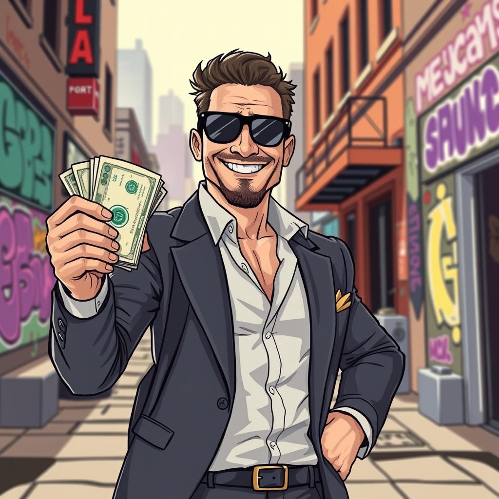 An illustration of a smiling businessman in a GTA (Grand Theft Auto) style, facing the viewer, confidently holding a large pack of money in one hand