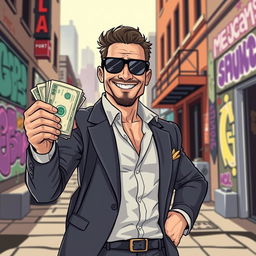 An illustration of a smiling businessman in a GTA (Grand Theft Auto) style, facing the viewer, confidently holding a large pack of money in one hand