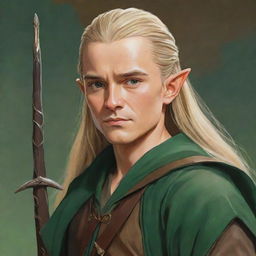 Illustration of Legolas from Lord of the Rings in the distinctive Studio Ghibli art style, filled with vivid and fantastical elements