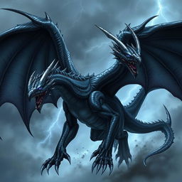 A massive wyvern with sleek, dark scales that shimmer like storm clouds, exuding an aura of menace and power