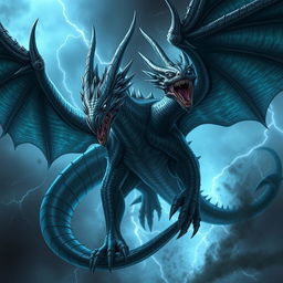 A massive wyvern with sleek, dark scales that shimmer like storm clouds, exuding an aura of menace and power