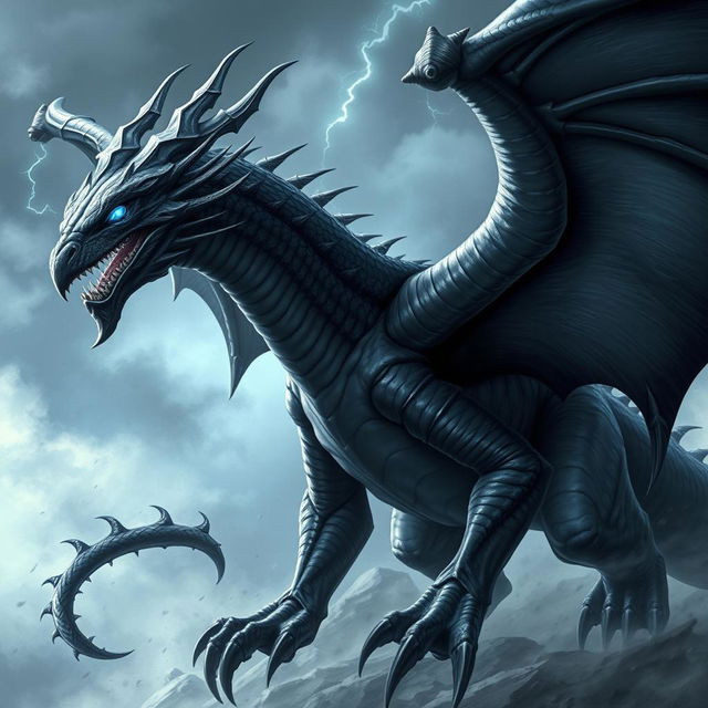 A massive wyvern with sleek, dark scales that shimmer like storm clouds, exuding an aura of menace and power