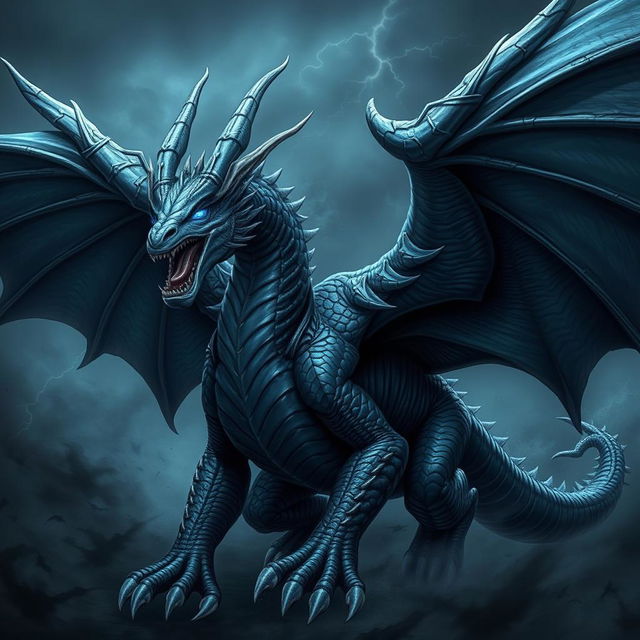 A massive wyvern with sleek, dark scales that shimmer like storm clouds, exuding an aura of menace and power