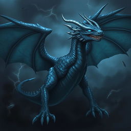 A massive wyvern with sleek, dark scales that shimmer like storm clouds, exuding an aura of menace and power