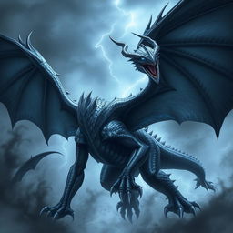 A massive wyvern with sleek, dark scales that shimmer like storm clouds, exuding an aura of menace and power