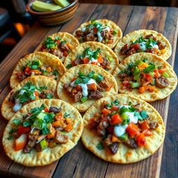 A delicious and visually enticing display of gorditas, which are thick, soft cornmeal cakes, generously filled with a variety of toppings such as savory meats, fresh vegetables, and creamy sauces