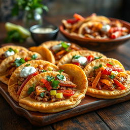 A delicious and visually enticing display of gorditas, which are thick, soft cornmeal cakes, generously filled with a variety of toppings such as savory meats, fresh vegetables, and creamy sauces