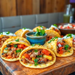 A delicious and visually enticing display of gorditas, which are thick, soft cornmeal cakes, generously filled with a variety of toppings such as savory meats, fresh vegetables, and creamy sauces