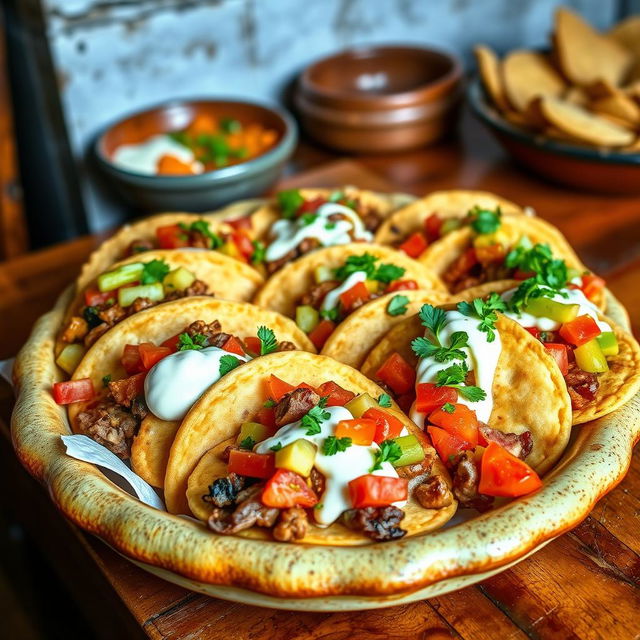 A delicious and visually enticing display of gorditas, which are thick, soft cornmeal cakes, generously filled with a variety of toppings such as savory meats, fresh vegetables, and creamy sauces