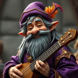 A cheerful old male halfling bard with a gray mutton chops beard and long, greasy gray hair