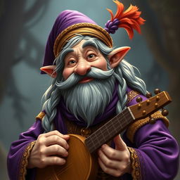 A cheerful old male halfling bard with a gray mutton chops beard and long, greasy gray hair