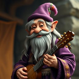 A cheerful old male halfling bard with a gray mutton chops beard and long, greasy gray hair