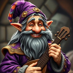 A cheerful old male halfling bard with a gray mutton chops beard and long, greasy gray hair