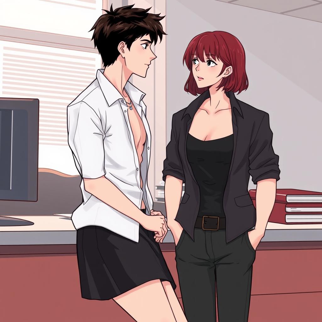 A semi-realistic illustration of a burgundy-haired girl in her twenties wearing a short black dress, sitting on an office counter