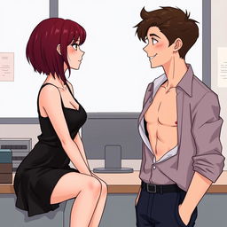 A semi-realistic illustration of a burgundy-haired girl in her twenties wearing a short black dress, sitting on an office counter