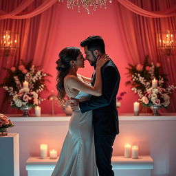 An artistic representation of the concept of intimacy, showcasing an elegant couple embracing in an intimate yet tasteful manner, surrounded by a soft, romantic atmosphere filled with warm lighting and soothing colors