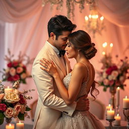 An artistic representation of the concept of intimacy, showcasing an elegant couple embracing in an intimate yet tasteful manner, surrounded by a soft, romantic atmosphere filled with warm lighting and soothing colors