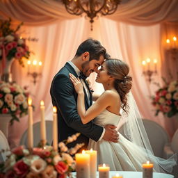 An artistic representation of the concept of intimacy, showcasing an elegant couple embracing in an intimate yet tasteful manner, surrounded by a soft, romantic atmosphere filled with warm lighting and soothing colors