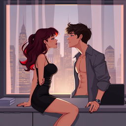 A semi-realistic illustration featuring a burgundy-haired girl and a dark-brown-haired guy, both in their early twenties