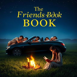 A cinematic film poster titled 'The Friends Book', depicting four Indian college boys and three Indian college girls sleeping peacefully under a starlit night on a traditional Indian farm