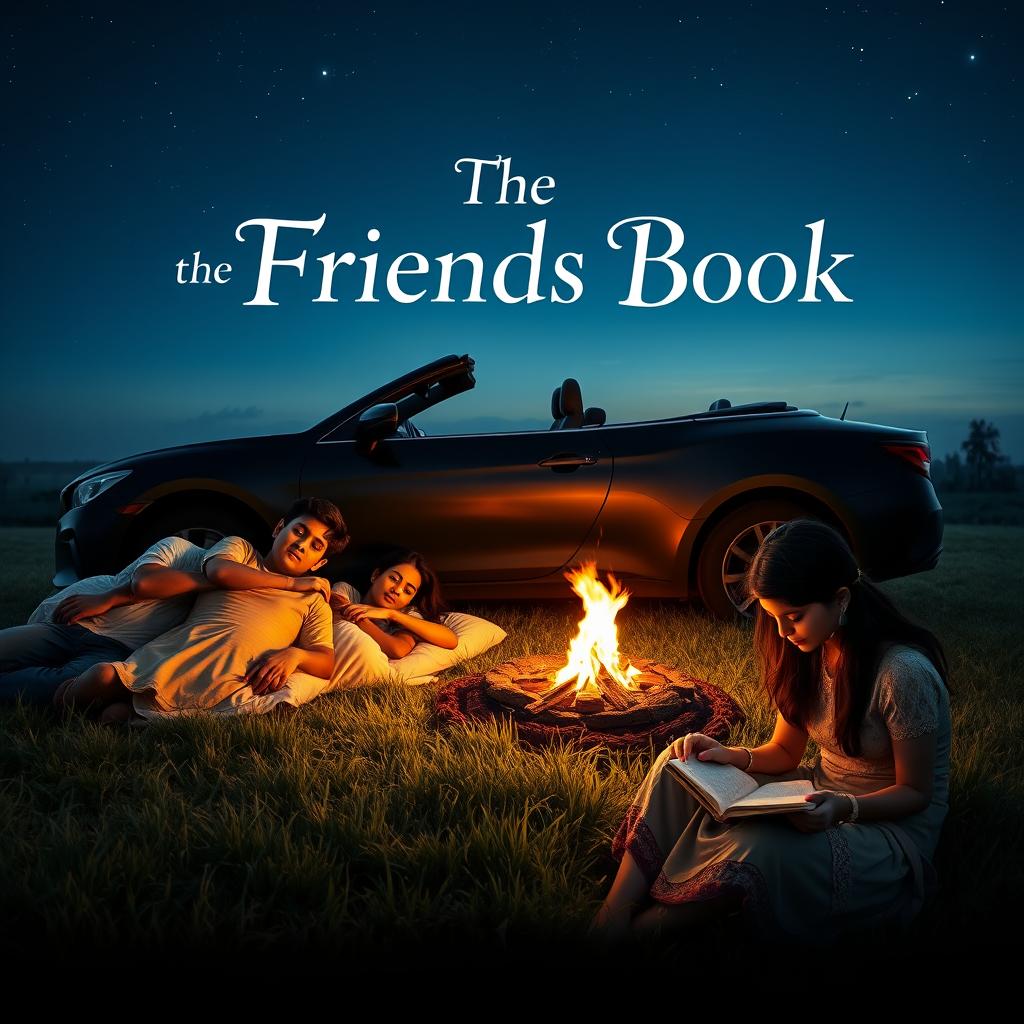 A cinematic film poster titled 'The Friends Book', depicting four Indian college boys and three Indian college girls sleeping peacefully under a starlit night on a traditional Indian farm