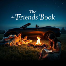 A cinematic film poster titled 'The Friends Book', depicting four Indian college boys and three Indian college girls sleeping peacefully under a starlit night on a traditional Indian farm