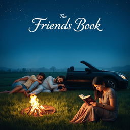 A cinematic film poster titled 'The Friends Book', depicting four Indian college boys and three Indian college girls sleeping peacefully under a starlit night on a traditional Indian farm