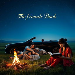 A cinematic film poster titled 'The Friends Book', depicting four Indian college boys and three Indian college girls sleeping peacefully under a starlit night on a traditional Indian farm