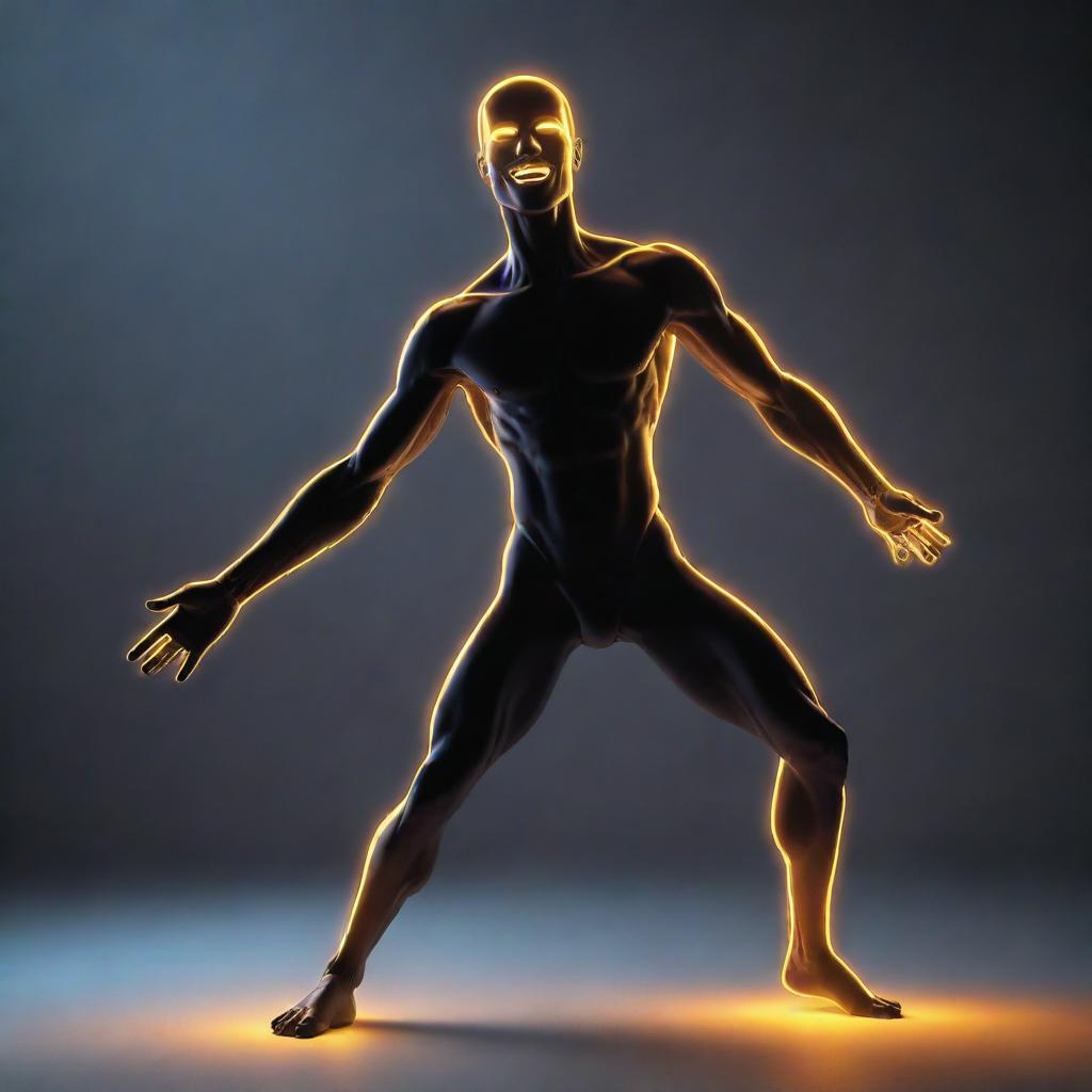 Create a glowing man in a comical pose, stylized like a popular internet meme. The figure should radiate an intense, surreal luminescence in a dimly lit environment