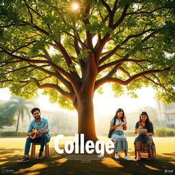 A cinematic film poster featuring four Indian college boys and four Indian college girls in college uniforms, each engaged in individual activities beneath a large, sprawling tree on the college grounds