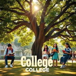 A cinematic film poster featuring four Indian college boys and four Indian college girls in college uniforms, each engaged in individual activities beneath a large, sprawling tree on the college grounds