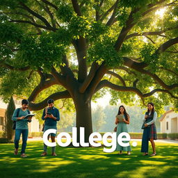 A cinematic film poster featuring four Indian college boys and four Indian college girls in college uniforms, each engaged in individual activities beneath a large, sprawling tree on the college grounds