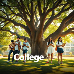 A cinematic film poster featuring four Indian college boys and four Indian college girls in college uniforms, each engaged in individual activities beneath a large, sprawling tree on the college grounds