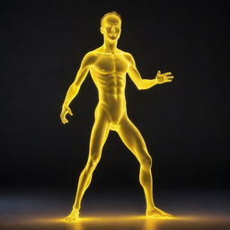 Create a glowing man in a comical pose, stylized like a popular internet meme. The figure should radiate an intense, surreal luminescence in a dimly lit environment