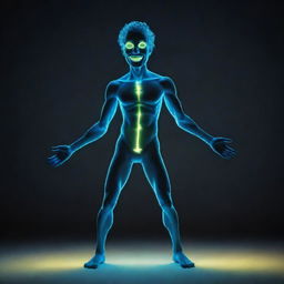 Create a glowing man in a comical pose, stylized like a popular internet meme. The figure should radiate an intense, surreal luminescence in a dimly lit environment