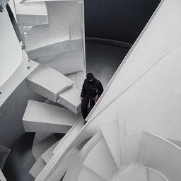 A spiral staircase with an operator standing on it.