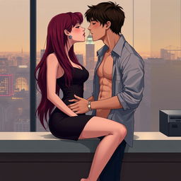 A semi-realistic illustration of a burgundy-haired girl with long hair and a very dark brown-haired guy, both in their early twenties