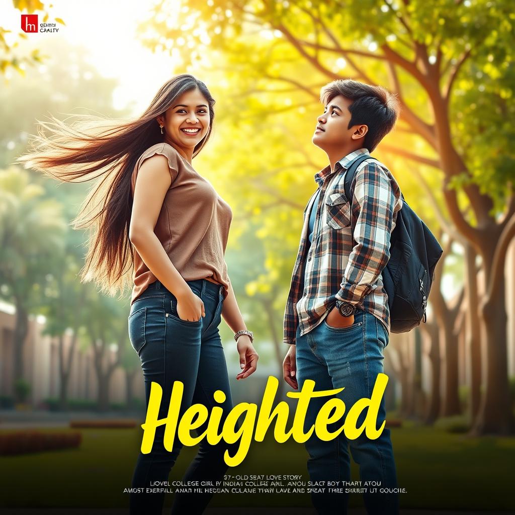 A cinematic film poster titled 'Heighted', showcasing a love story between a 27-year-old Indian college girl and a 27-year-old Indian college boy who is shorter than her